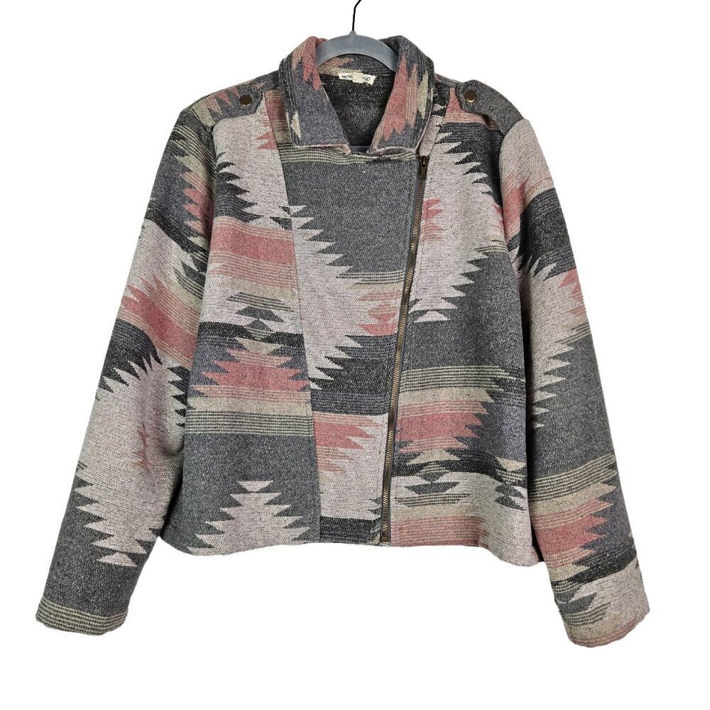 MainStrip Gray/Pink Southwest Aztec Print Zip Front Moto Jacket M